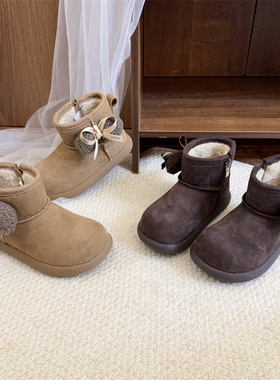 52058真皮女童勃肯靴2025冬季加绒加厚蝴蝶结羊羔毛儿童简约短靴