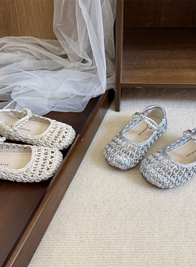 802银色26码女童编织小皮鞋2026新款夏季玛丽珍镂空珍珠公主单鞋