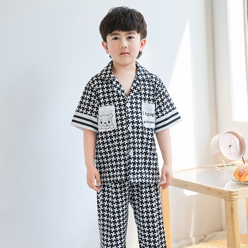 男童睡衣纯棉夏季薄款短袖长裤小男孩开衫中大童儿童家居服套装女