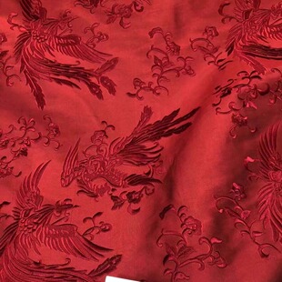 红色双宫重工刺绣40姆米真丝库缎面料国风马甲外套桑蚕丝布料