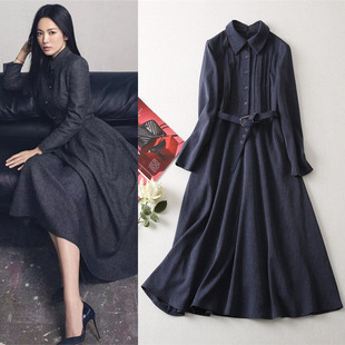 宋慧乔明星同款2025秋冬季女装翻领长袖压褶单排扣时尚大摆连衣裙