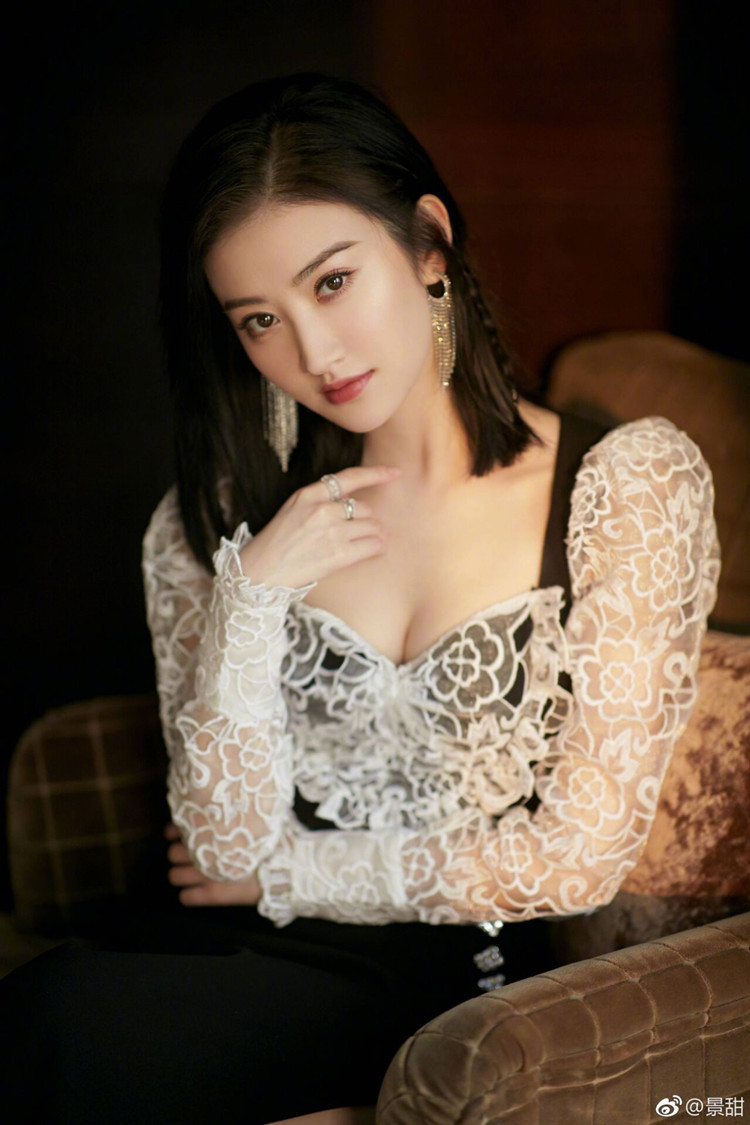 景甜同款蕾丝泡泡袖显胸大性感撩人宴年会礼服高档开叉及踝长裙