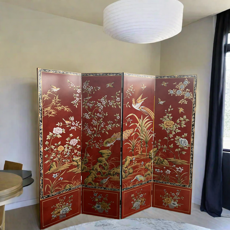 中国风复古手绘金箔屏风漆画折叠客厅茶室隔断婚纱摄影背景墙定制