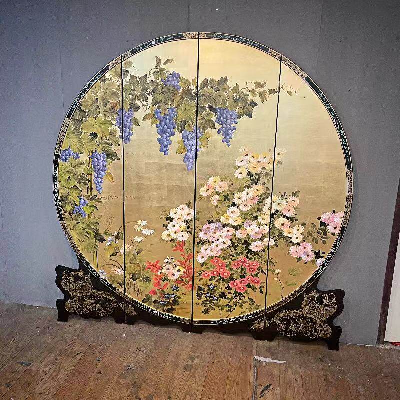 定制手绘漆画屏风金箔中古风描金花鸟圆形折叠隔断网红直播背景墙