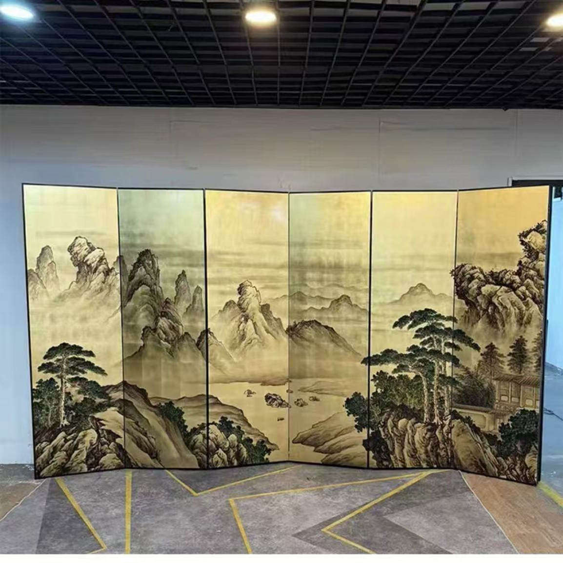 日式手绘松树金箔漆画山水画屏风隔断客厅餐厅玄关办公室茶室