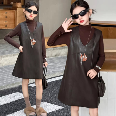 女童连衣裙套装2025中高领长袖打底衫T恤背心皮裙两件套儿童裙装