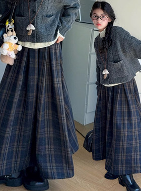 女童格子长裙2025秋冬新品韩版中大童毛呢裙儿童优雅文艺半身裙子