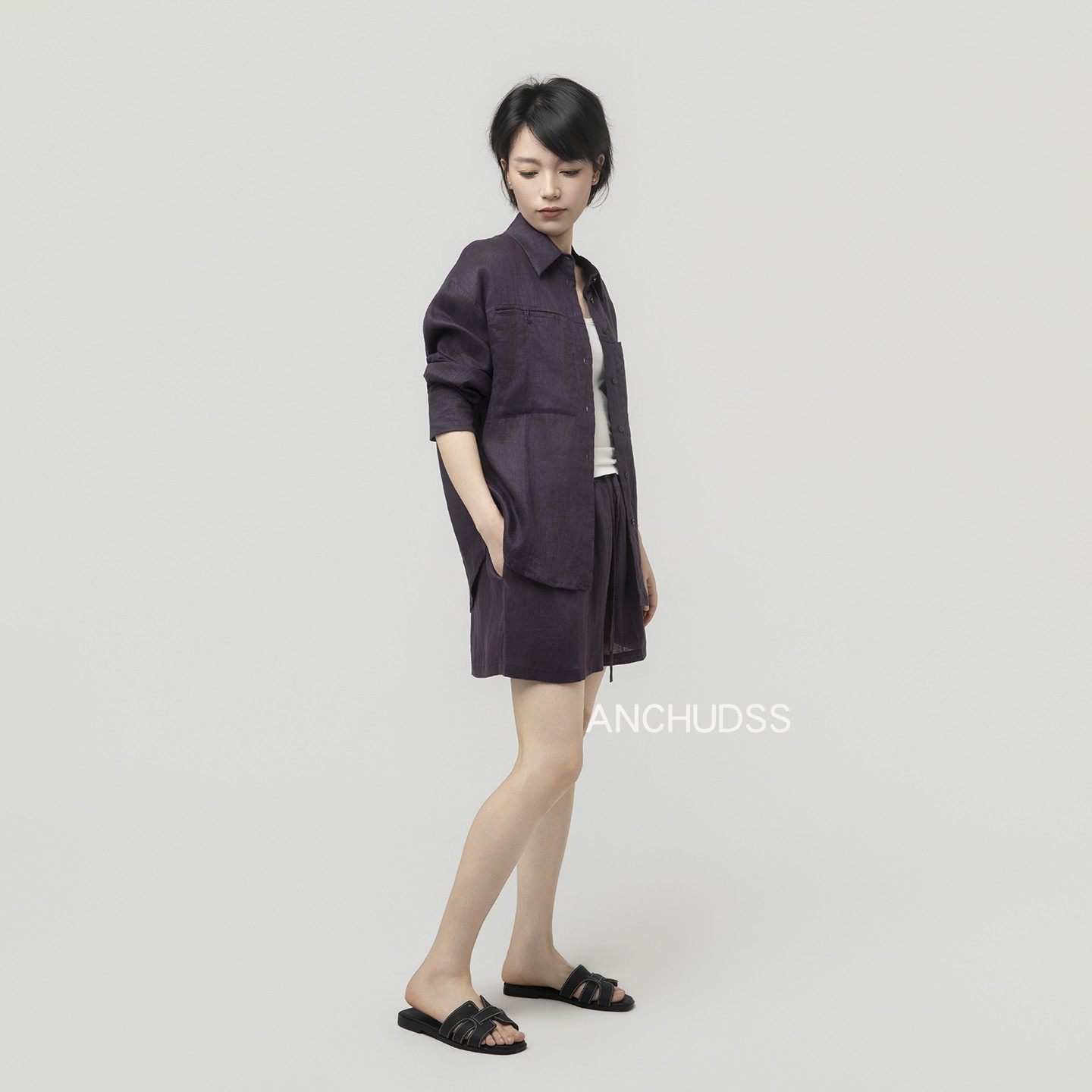 2026夏季亚麻长袖衬衫短裤套装图片