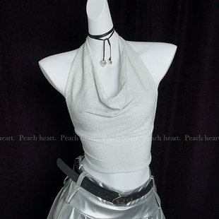 闪闪银丝荡领露背挂脖吊带背心系带修身 heart 上衣女Y2K Peach
