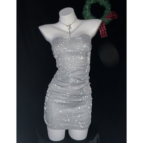 包臀裙闪粉新品性感V领抹胸裙