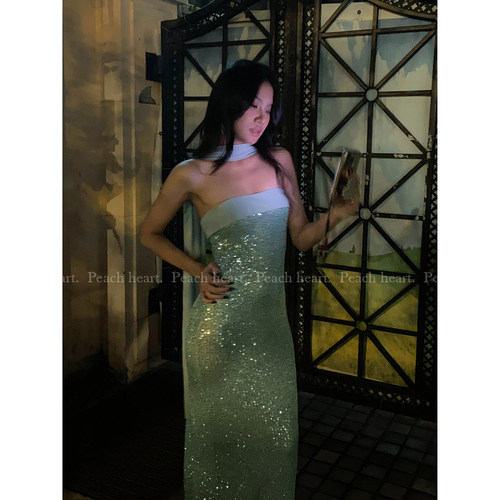 飘带抹胸晚礼服名媛风亮片连衣裙