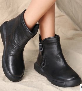 素人风格手工女短靴大码女鞋休闲平底真皮舒适防臭短鞋真皮女棉鞋