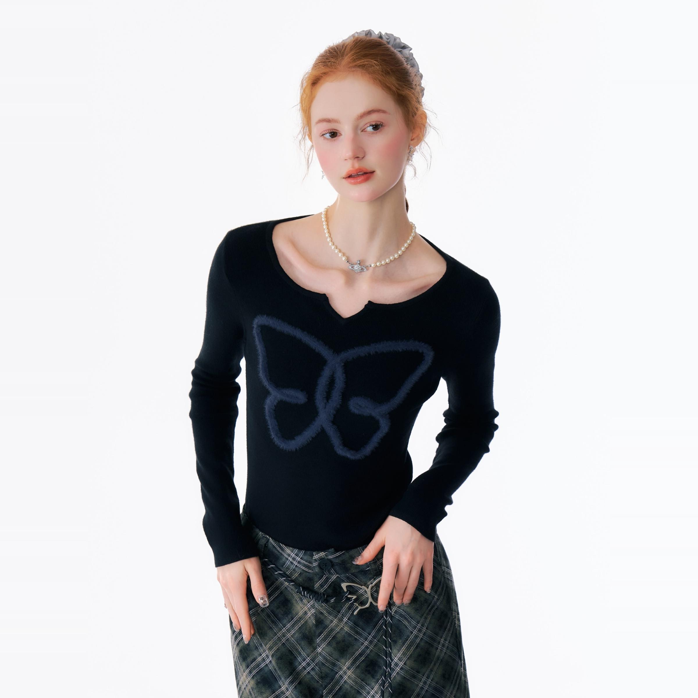 美式复古黑蓝蝴蝶毛毛长袖