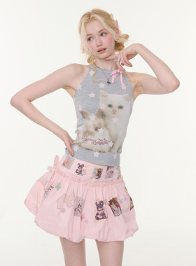 ziziFei''猫兔捕星''夏蝴蝶结星星猫兔印花显瘦浅灰色针织背心女