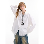 新款 美式 复古设计感白色蕾丝花边娃娃领长袖 ziziFei秋冬季 衬衫 女