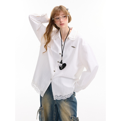 ziziFei秋冬季新款美式复古设计感白色蕾丝花边娃娃领长袖衬衫女