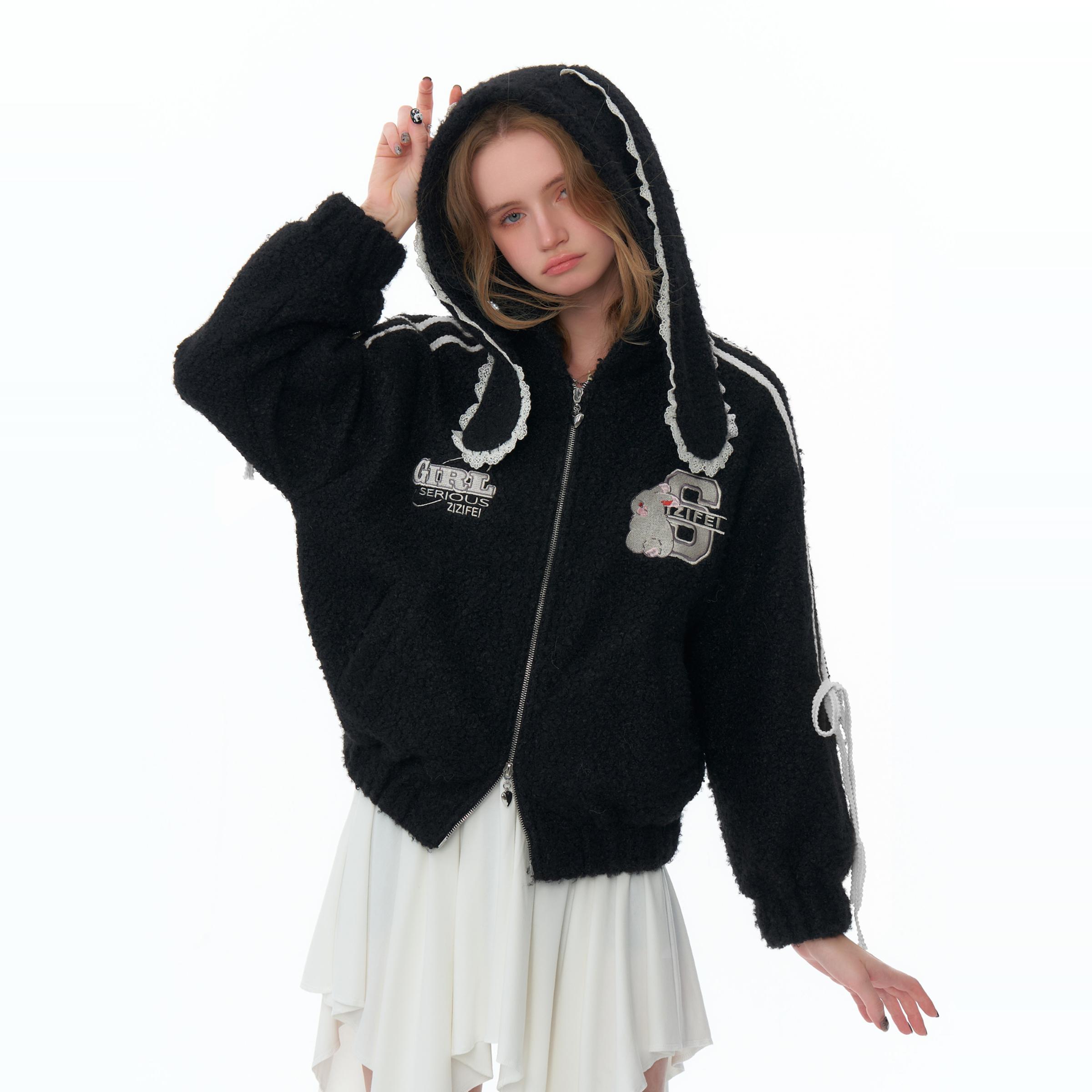 ziziFei秋冬季设计感连帽兔耳朵蕾丝边运动风黑色呢子短款外套女