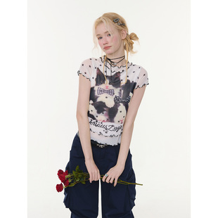 星星波点猫咪印花上衣白色网纱短袖 夏季 t恤女 星纱物语 ziziFei