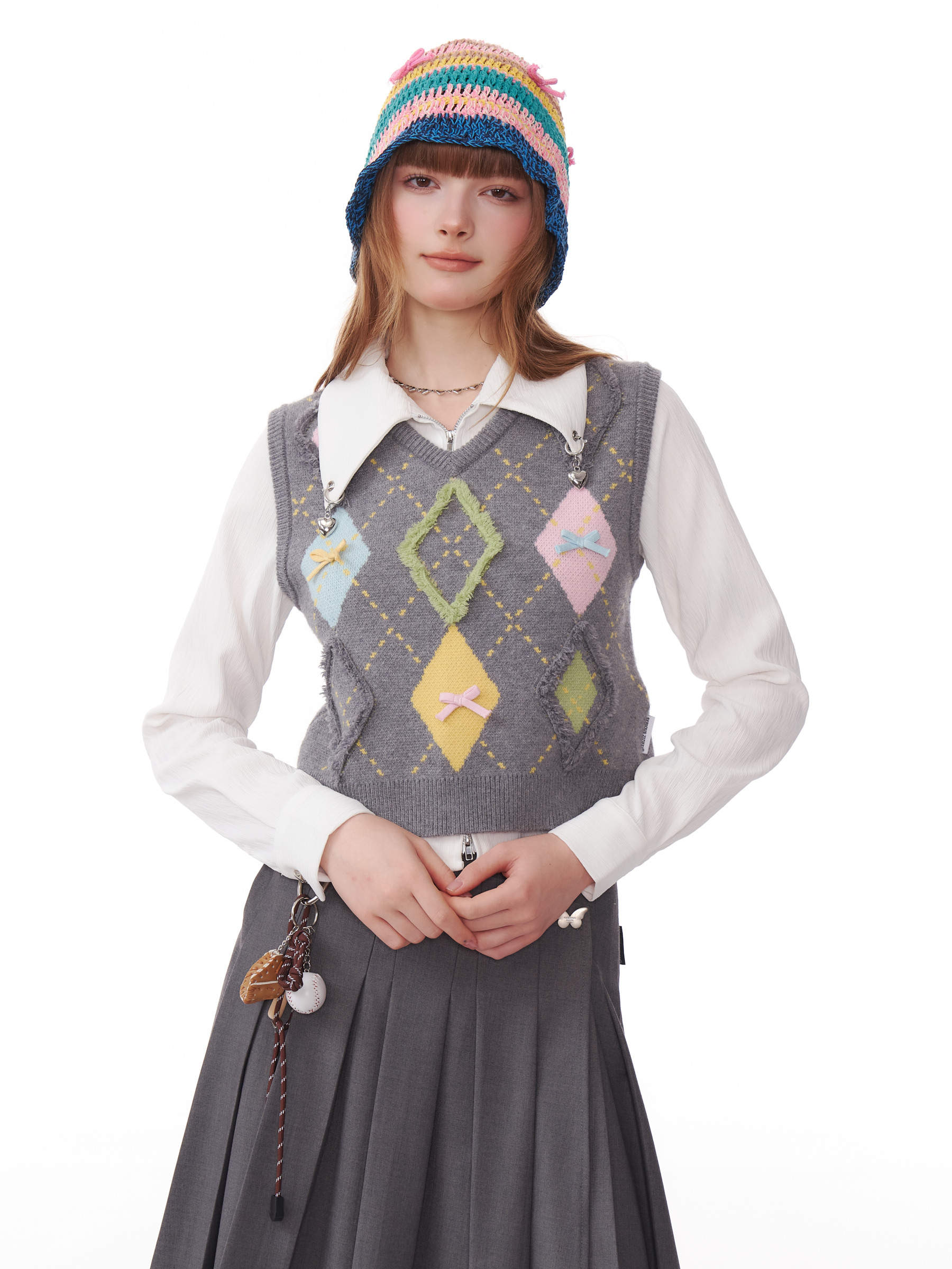 ziziFei秋冬新款美式复古设计感撞色格子蝴蝶结V领针织马甲背心女,女装/女士精品,马夹,淘宝优惠券,粉丝福利购,淘宝优惠卷