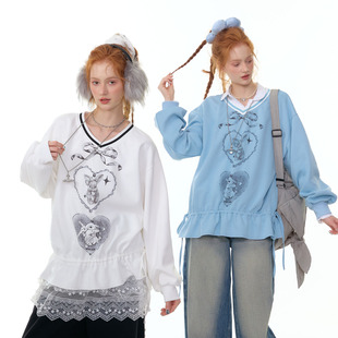 ziziFei秋冬季美式复古设计感下摆抽绳宽松显瘦兔子印花v领卫衣女