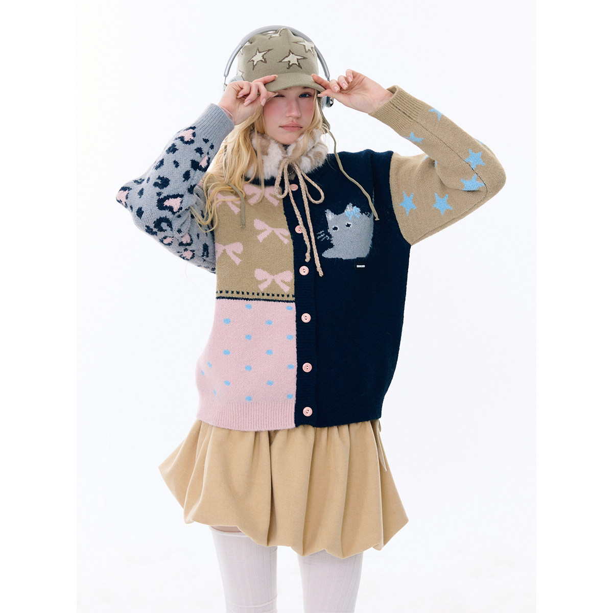 ziziFei秋冬美式复古设计感印花撞色拼接软糯慵懒毛衣开衫外套女