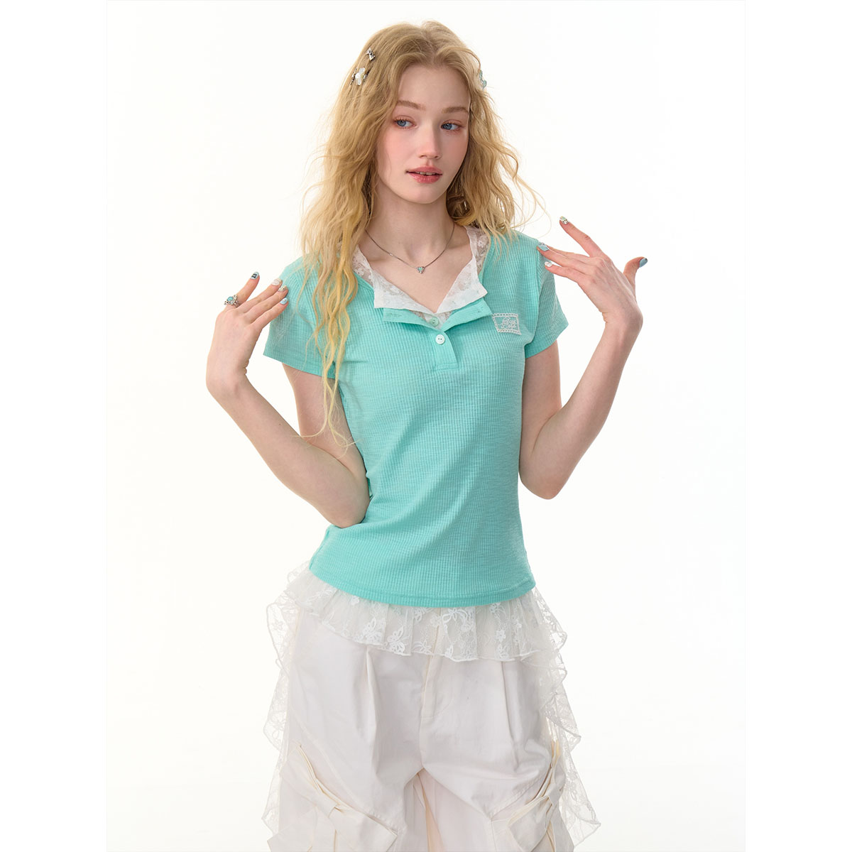 ziziFei夏季美式复古设计感假两件蕾丝拼接修身显瘦上衣短袖t恤女