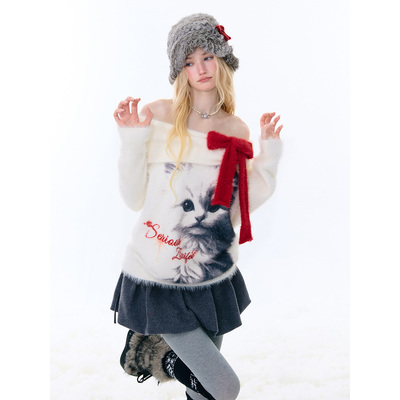 ziziFei秋冬季蝴蝶结圣诞新年穿搭猫咪印花海军领露肩白色毛衣女