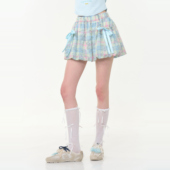 ziziFei夏季 松紧腰设计感高腰显瘦蓝彩色蝴蝶结花苞格子半身裙女