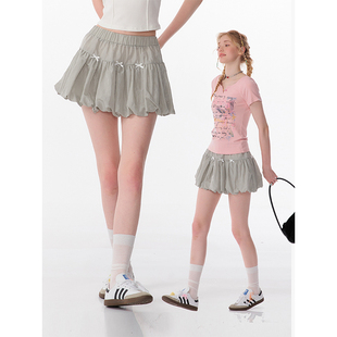 ziziFei夏季 设计感蝴蝶结松紧腰百褶灰色a字花苞裙半身短裙女 美式