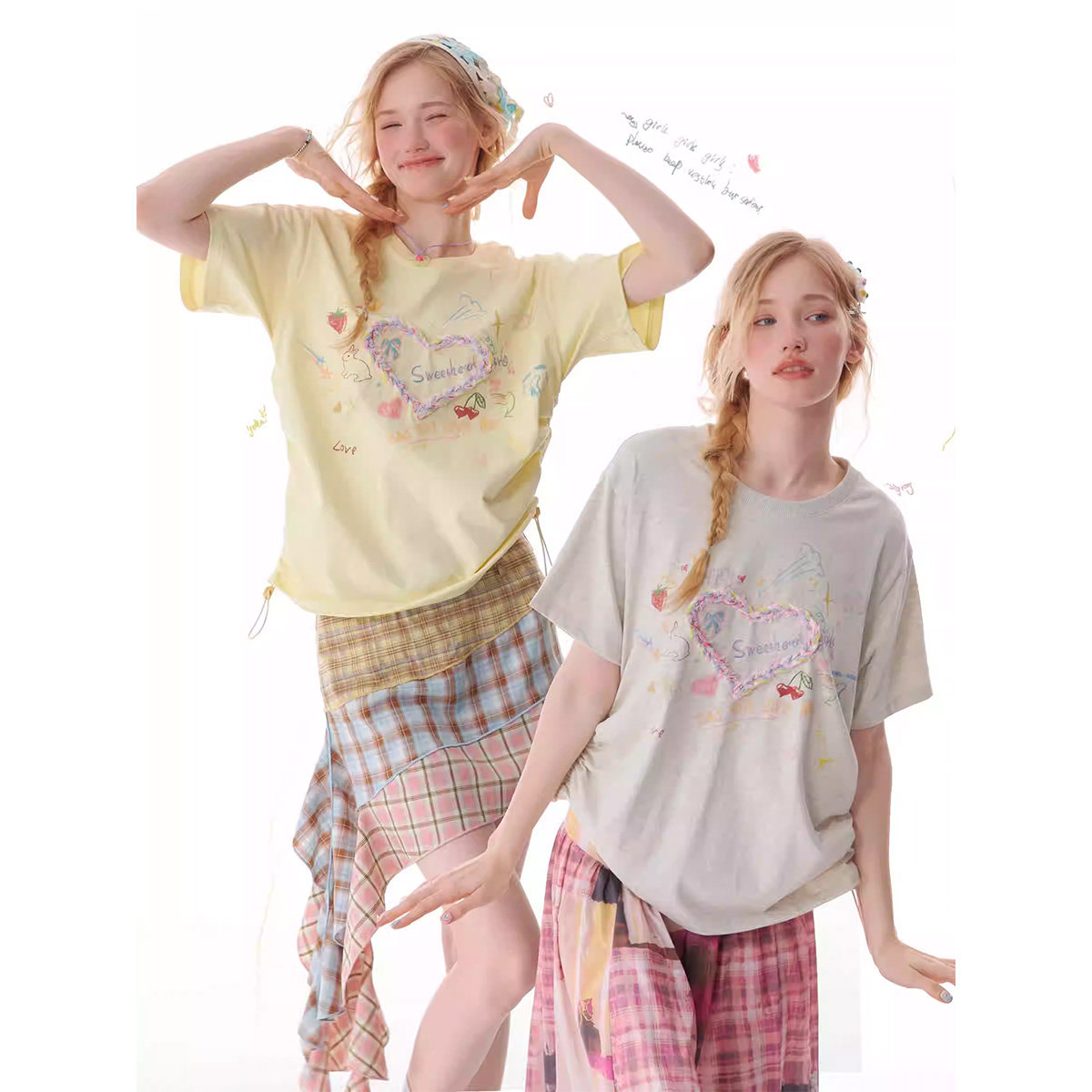 ziziFei夏宽松设计感美式显瘦抽绳上衣圆领立体爱心印花短袖T恤女