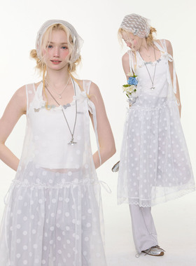 ziziFei''波序漾甜''夏季波点网纱半透叠穿吊带背心白色连衣裙女