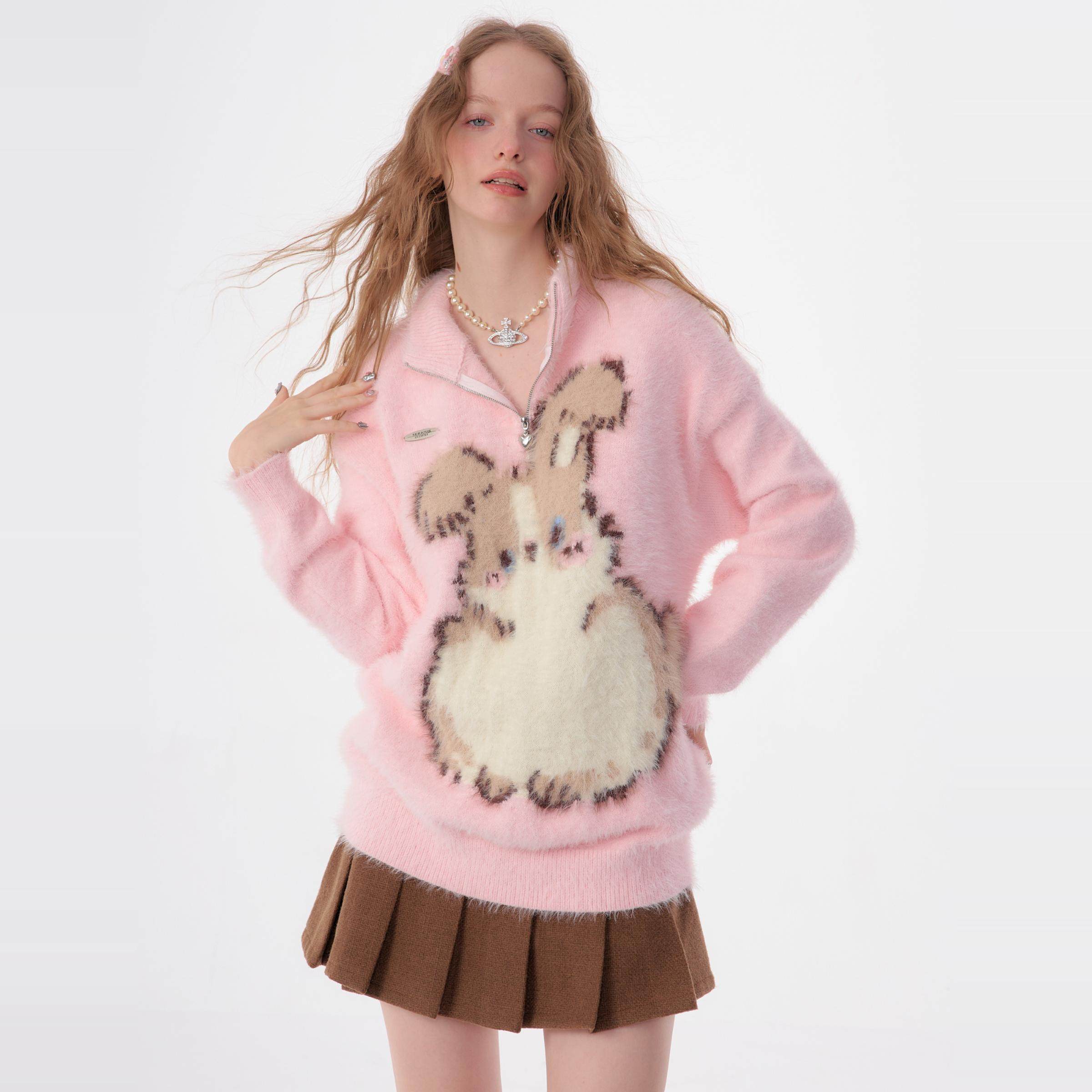 ziziFei秋冬季美式复古半高领半拉链蓝色毛绒兔子软糯加厚毛衣女,女装/女士精品,毛衣,淘宝优惠券,粉丝福利购,淘宝优惠卷