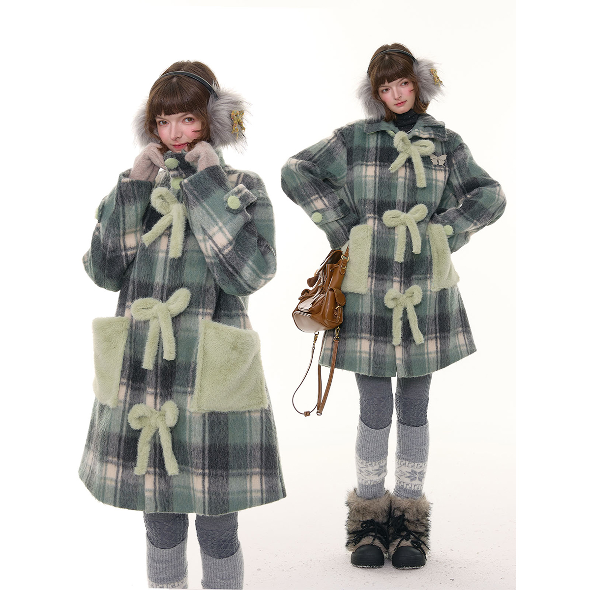 ziziFei秋冬美式复古格纹设计感中长款蝴蝶结绿色毛呢大衣外套女