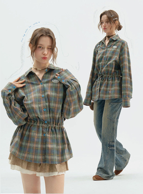 ziziFei春秋季美式设计感中长款绿色格纹抽绳收腰显瘦长袖衬衫女