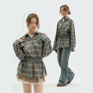 衬衫 ziziFei春秋季 绿色格纹抽绳收腰显瘦长袖 设计感中长款 女 美式