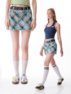 ziziFei夏新款 复古破烂感绿色格纹a字高腰显瘦格子半身短裙女 美式