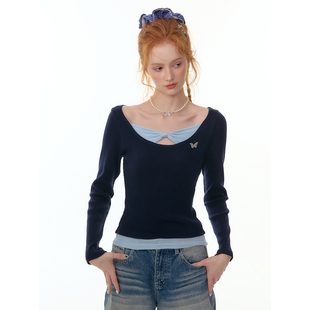 t恤针织衫 设计感假两件蝴蝶结内搭打底长袖 女 美式 ziziFei秋冬新款