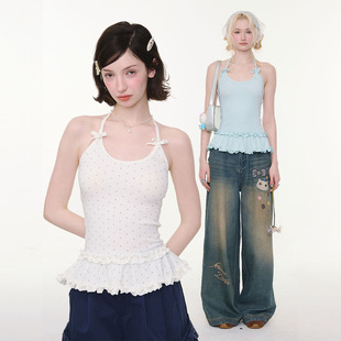 花边下摆蝴蝶结波点挂脖背心吊带女 春夏新款 ziziFei 薄荷奶糖