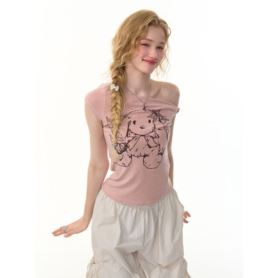 ziziFei夏美式设计感斜肩露肩兔子印花修身显瘦上衣扭结短袖t恤女