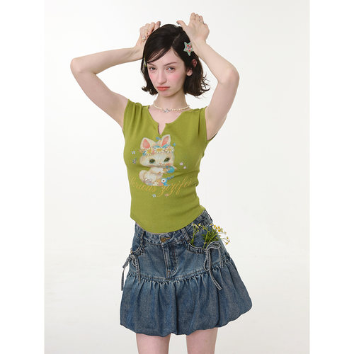 ziziFei''春野兔''夏季绿色兔子印花修身显瘦上衣小v领短袖t恤女