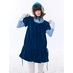 ziziFei秋冬季 兜兜下摆丝绒叠穿连衣裙女 设计感深蓝色蝴蝶结短袖