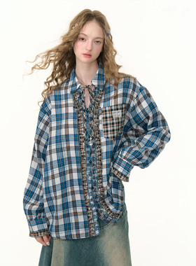 ziziFei秋冬季新款美式复古设计感上衣蓝白格纹木耳边长袖衬衫女