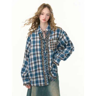 ziziFei秋冬季新款美式复古设计感上衣蓝白格纹木耳边长袖衬衫女