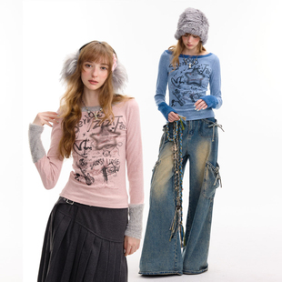 拼接毛绒涂鸦印花圆领针织打底衫 设计感修身 女 美式 ziziFei秋冬季