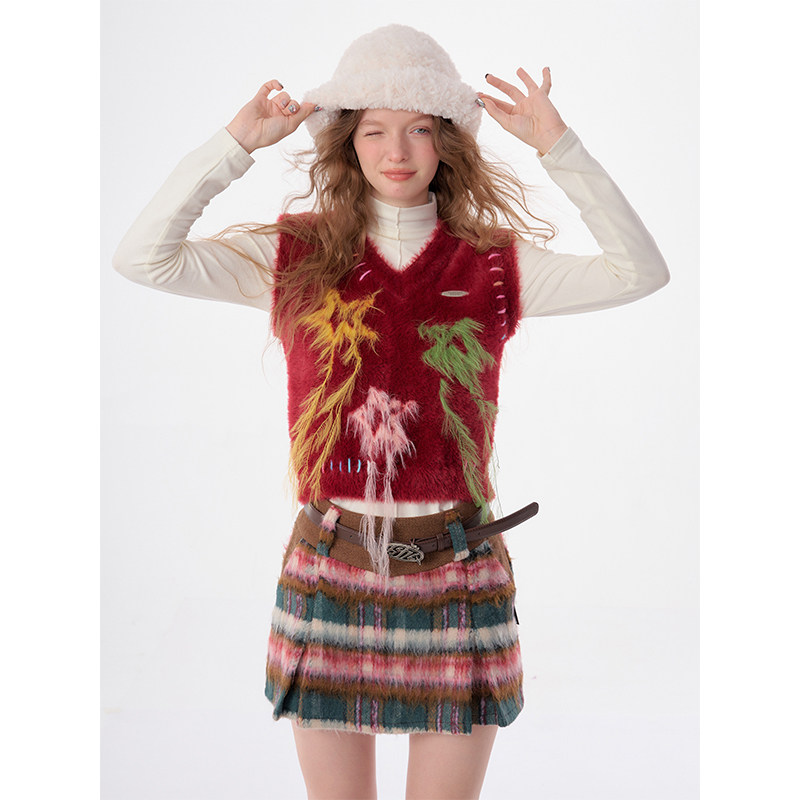 ziziFei秋冬季复古流苏星星红色圣诞新年V领毛衣背心针织马甲女