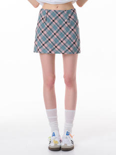 复古高腰显瘦粉蓝a字格纹短裙格子半身裙女 美式 ziziFei夏季 新款