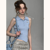 ziziFei夏设计感蝴蝶结无袖 上衣不规则下摆polo领蓝色针织背心女