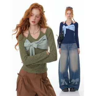 ziziFei秋冬季美式设计感撞色拼接蝴蝶结挂脖上衣长袖t恤针织衫女