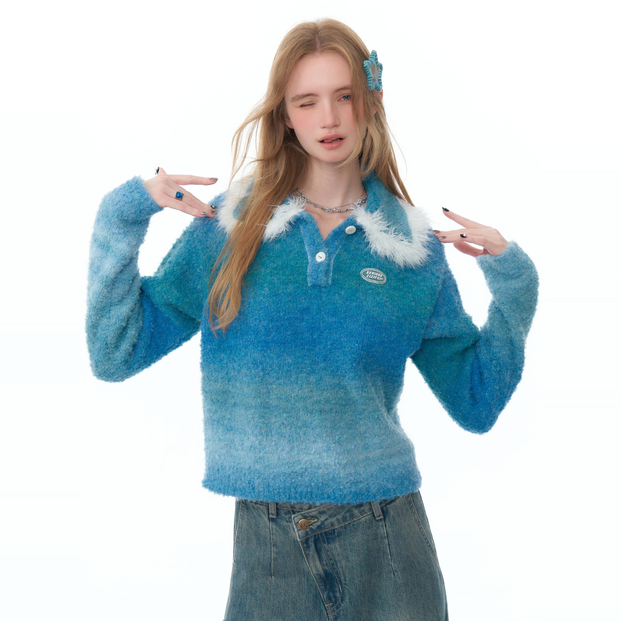 ziziFei秋冬季美式温柔软糯厚实毛茸茸蓝色渐变polo娃娃领毛衣女