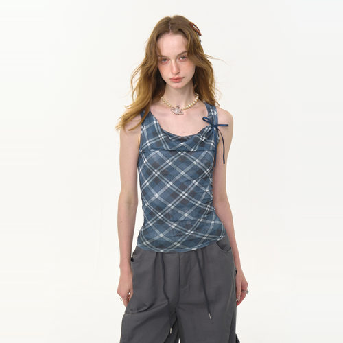 ziziFei夏季新款美式复古设计感格子修身显瘦格纹荡领外穿背心女